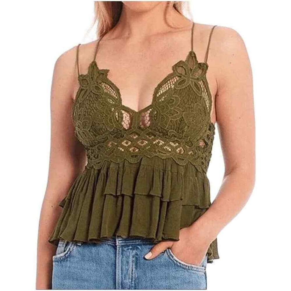 Free People Adella Cami Medium Lace Ruffled Tank Top in Olive Sparrow color